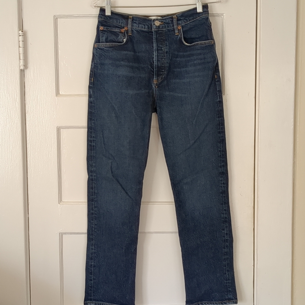 Agolde Jeans 27 Riley Long Blue 26X27 Straight Leg High Waist Button Fly